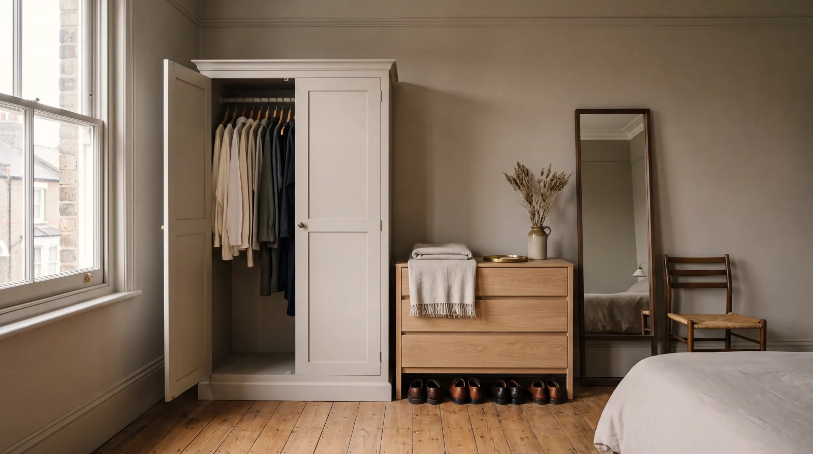 a bedroom dressing corner with the wardrobe rebuilt by category